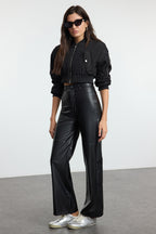 Trendyolmilla Kahverengi Relaxed/Rahat Straight/Boru Paça Dikiş Detaylı Örme Deri Pantolon TWOAW25PL00068