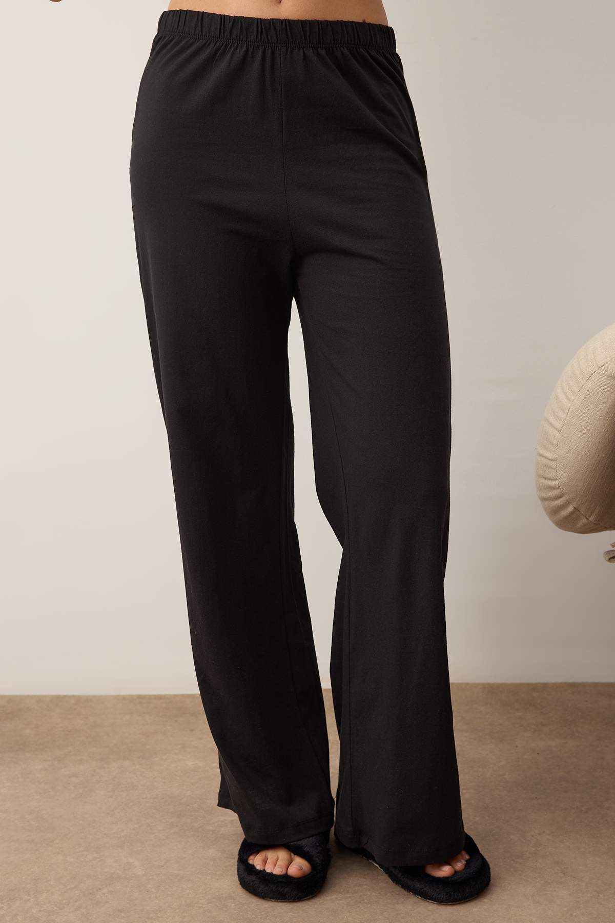 Siyah %100 Pamuklu Karyoka Dikişli Gömlek Yaka Örme Pijama Takımı THMAW26PT00133