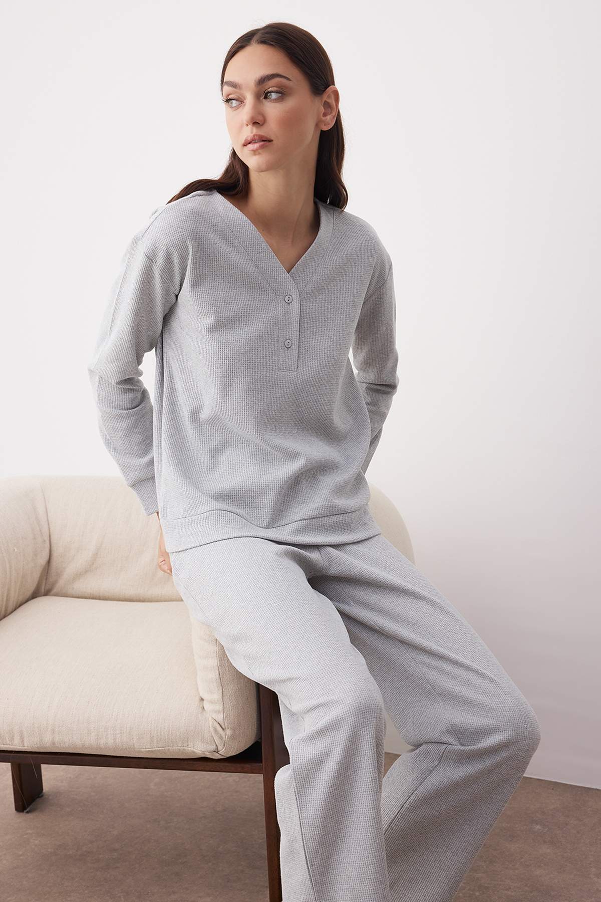 Gri Melanj Düğmeli Waffle Kumaş Örme Pijama Takımı THMAW26PT00000 Main image