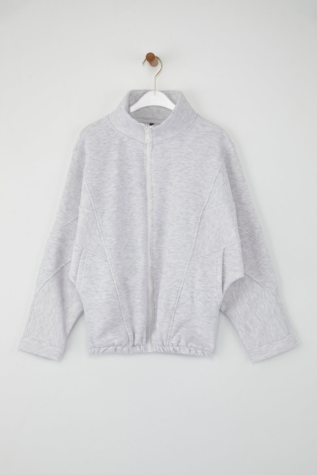 Trendyolmilla Kar Melanj Fermuarlı Dikiş Detaylı Dik Yaka Bomber Örme Sweatshirt TWOAW26SW00037