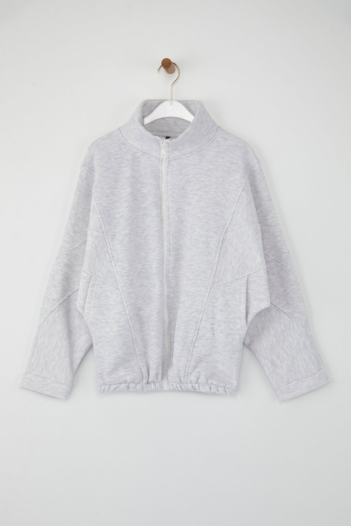 Gri Melanj Bordo Renk Bloklu Fermuarlı Dik Yaka Oversize Bomber Örme Sweatshirt TWOAW26SW00037
