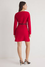 Trendyolmilla Kırmızı Kemerli Düz A Kesim Kemerli Kısa / Mini Dokuma Elbise TWOAW25EL00365