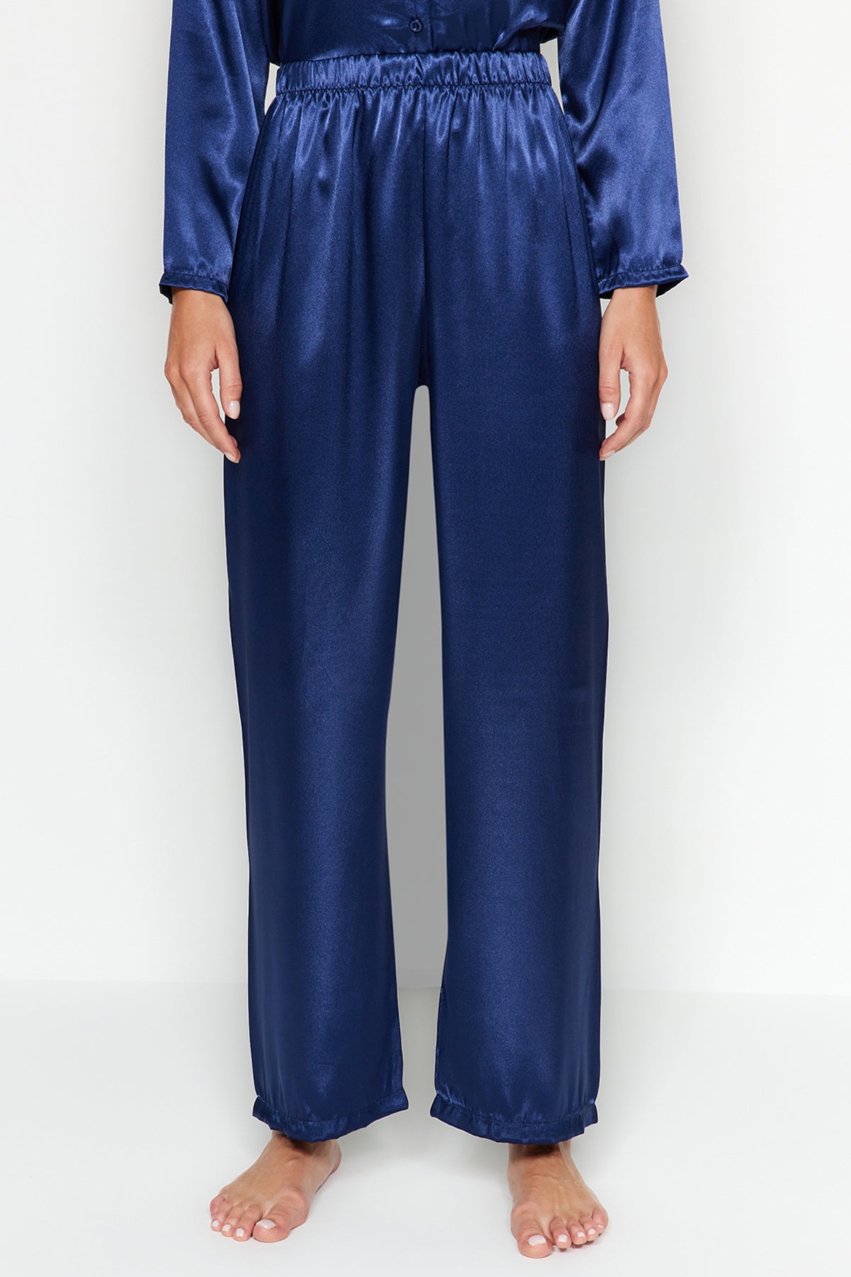 Lacivert Saten Gömlek-Pantolon Dokuma Pijama Takımı THMAW24PT00026
