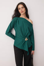 Trendyolmilla Ördek Başı Yeşili Aksesuar Detaylı Düşük Omuz Dokuma Bluz TWOAW26BZ00280