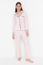 Trendyolmilla Pudra %100 Pamuklu Çizgili Biye Detaylı Örme Pijama Takımı THMAW21PT0614