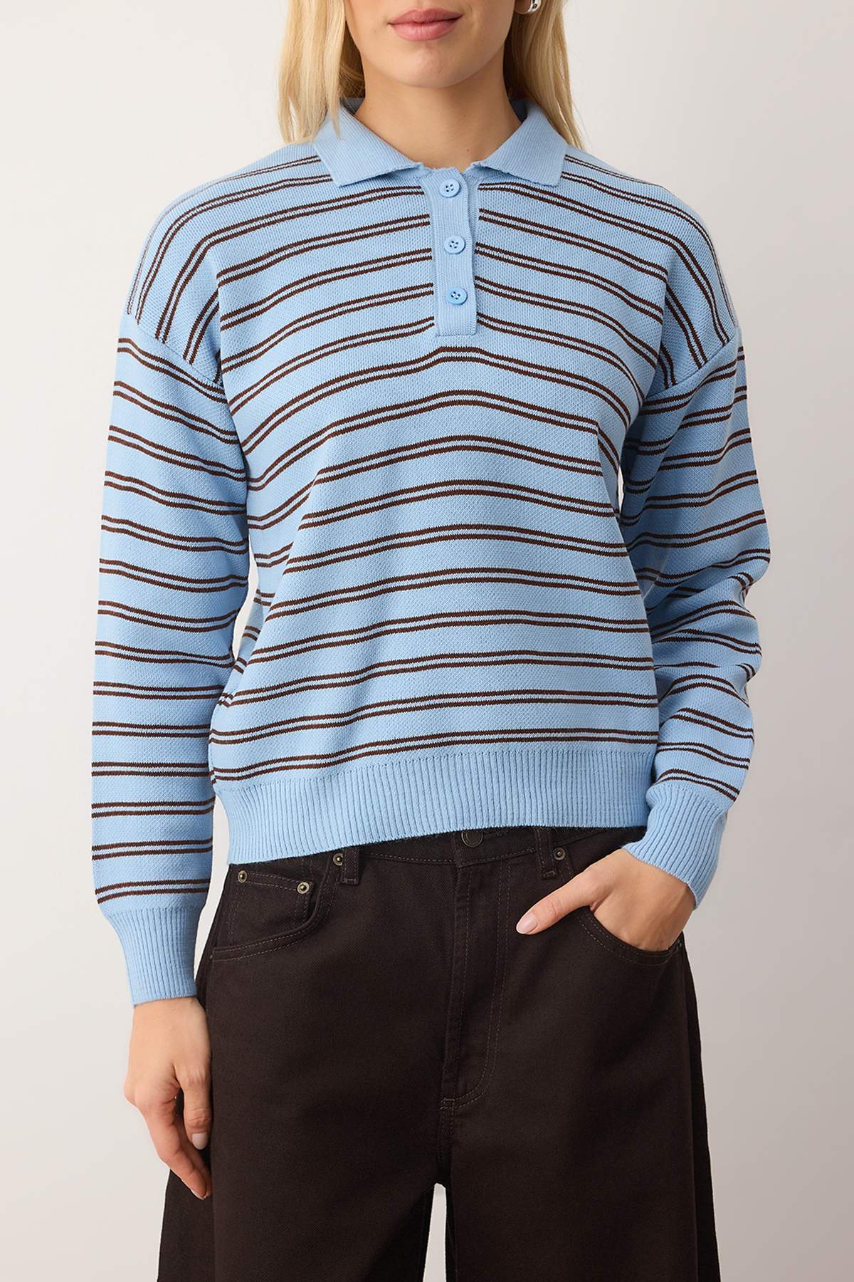 Trendyolmilla Açık Mavi Çizgili Polo Yaka Triko Kazak TWOAW22KZ0193