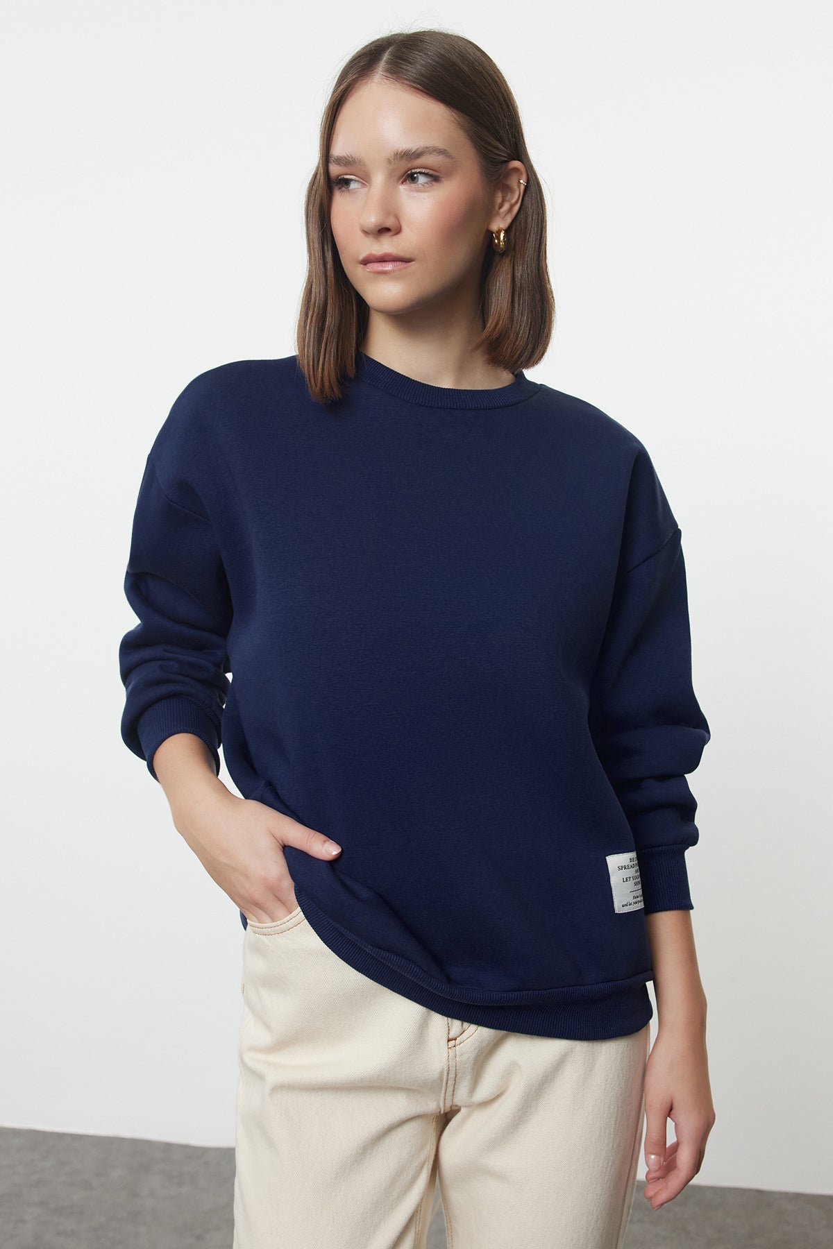 Lacivert Etiket Detaylı Regular Bisiklet Yaka Örme Sweatshirt TWOAW24SW00289 Main image