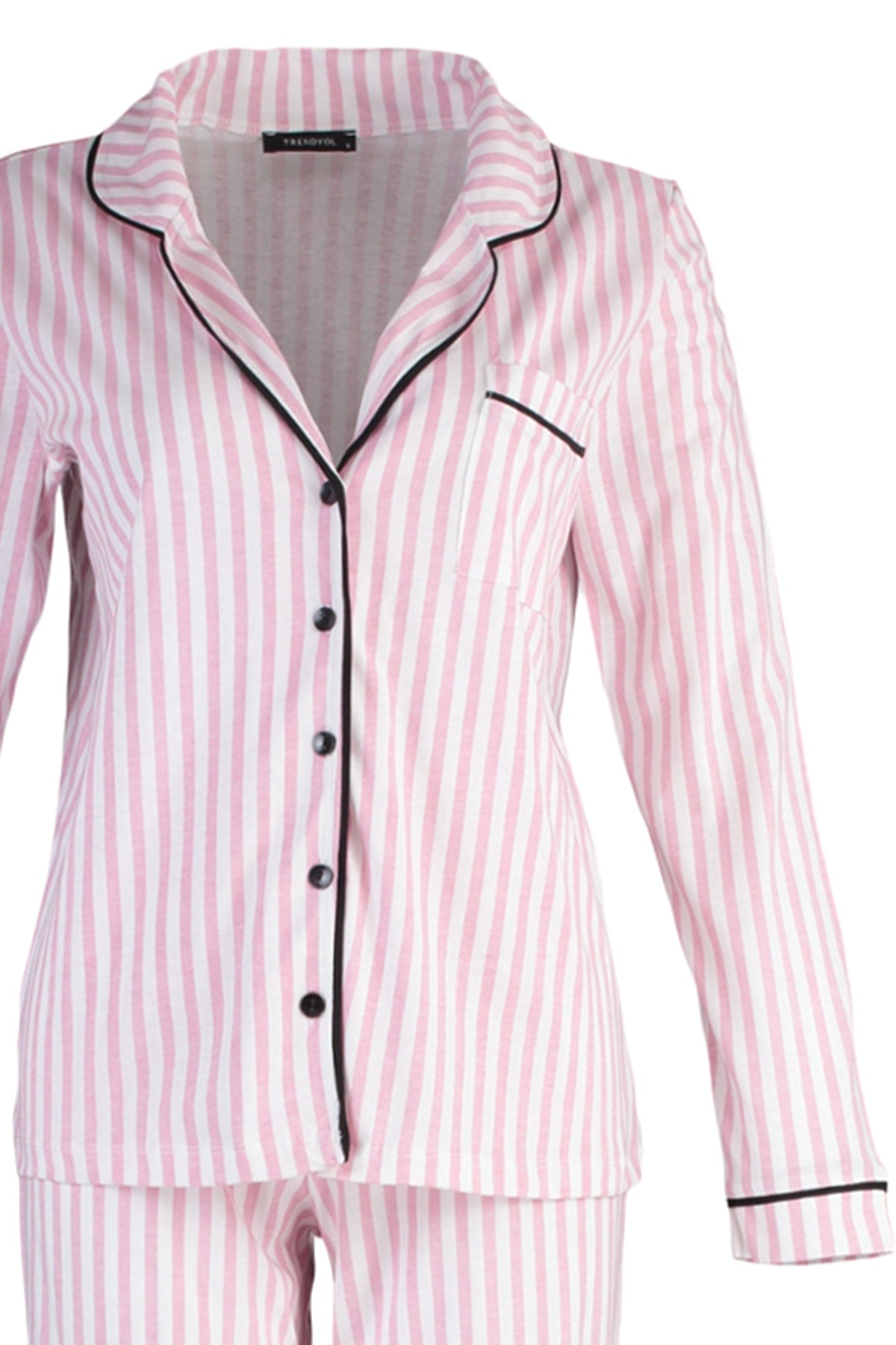 Trendyolmilla Pudra %100 Pamuklu Çizgili Biye Detaylı Örme Pijama Takımı THMAW21PT0614