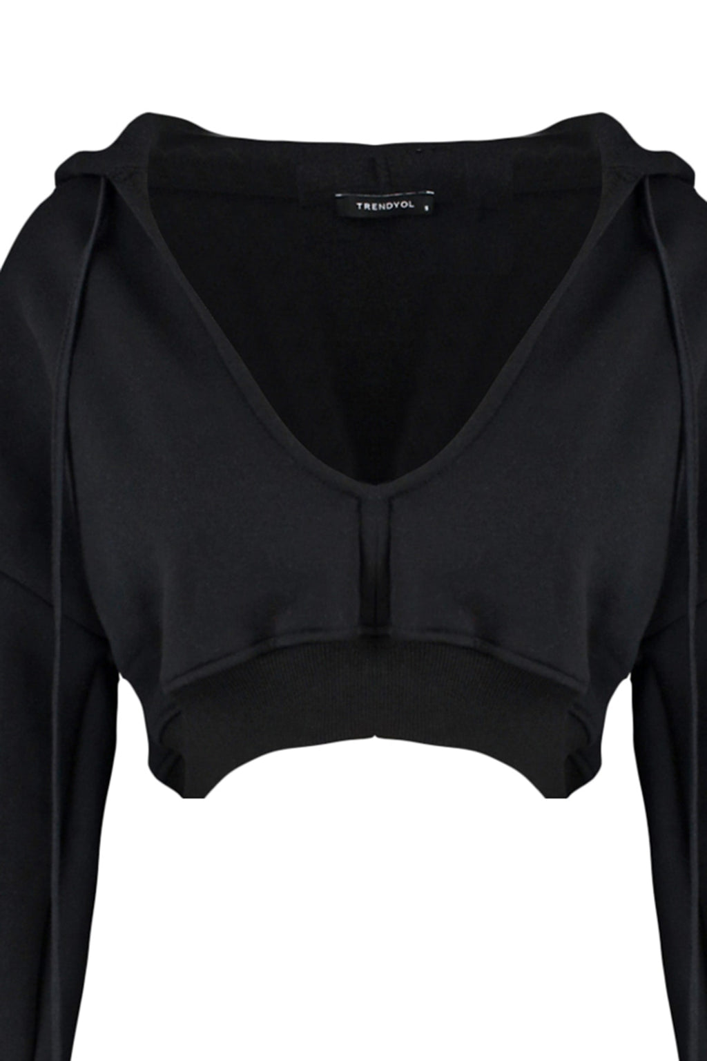 Trendyolmilla Siyah Kalın İçi Polarlı Kapüşonlu V Yaka Rahat Kesim Crop Örme Sweatshirt TWOAW23SW00096