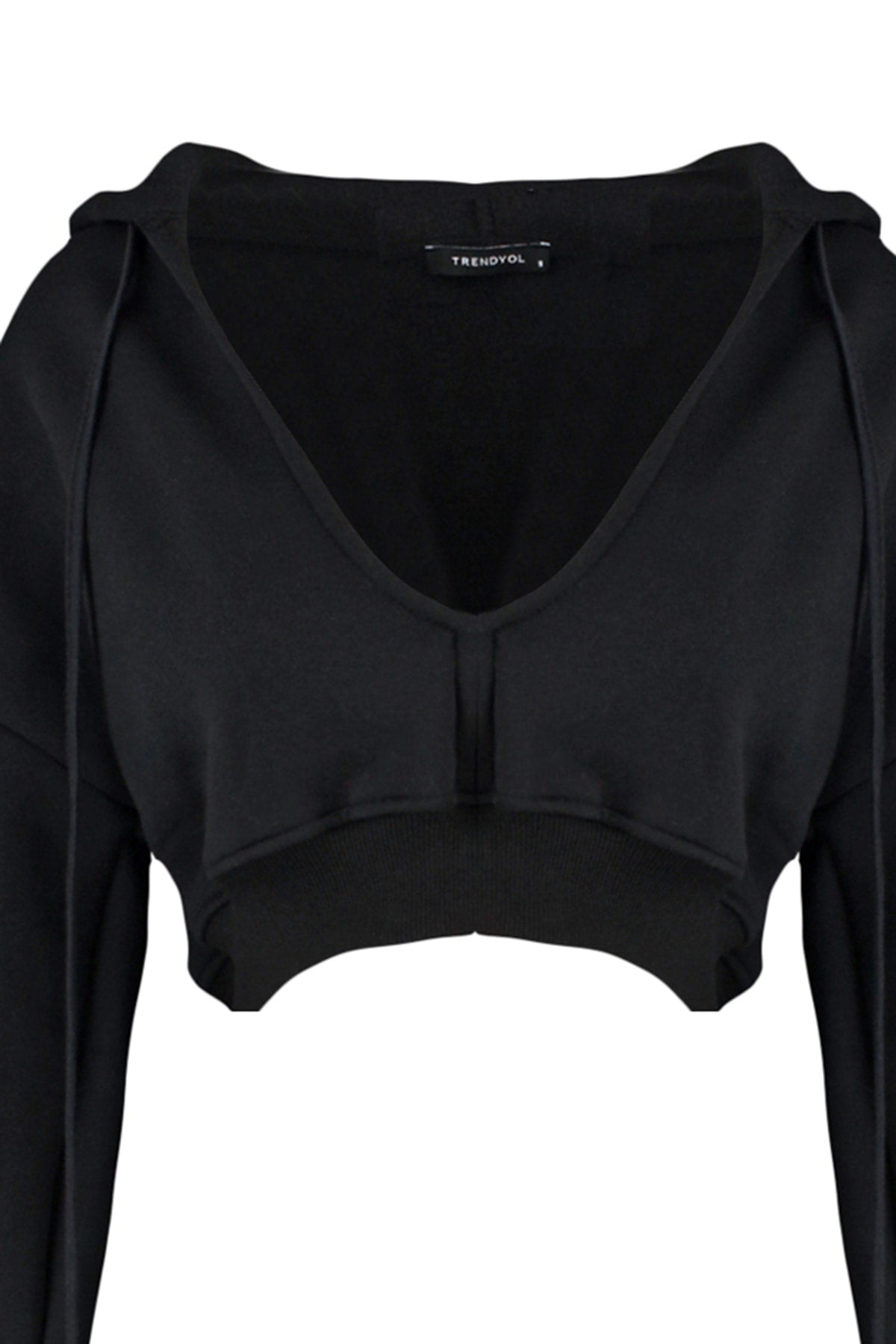 Trendyolmilla Siyah Kalın İçi Polarlı Kapüşonlu V Yaka Rahat Kesim Crop Örme Sweatshirt TWOAW23SW00096