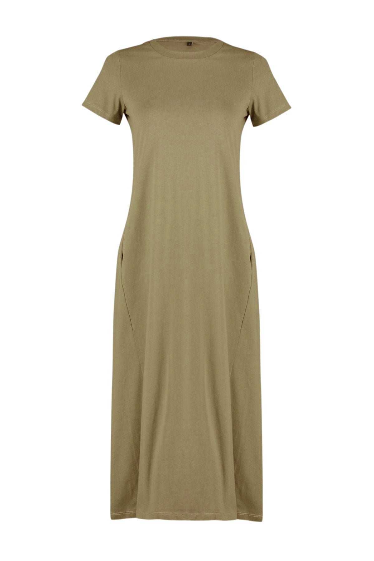 Trendyolmilla Haki Cepli Bisiklet Yaka A-Line Örme Midi Elbise TWOSS24EL00169