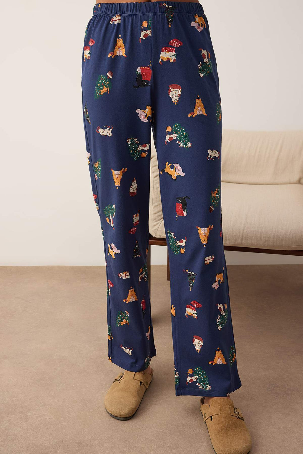 Kadın Couple/Çift Lacivert %100 Pamuklu Yılbaşı Temalı Gömlek Yaka Örme Pijama Takımı THMAW26PT00172