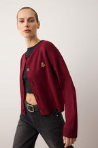 Bordo Bisiklet Yaka Ayıcık Nakışlı Triko Hırka TWOAW26HI00287