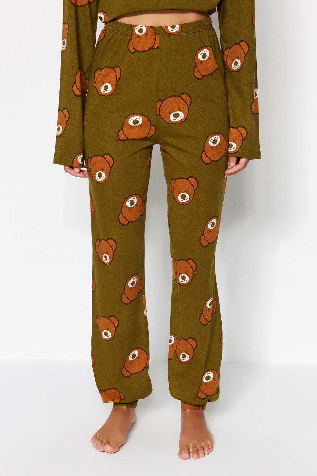 Trendyolmilla Haki %100 Pamuklu Ayıcıklı Desenli Örme Pijama Takımı THMAW23PT00514