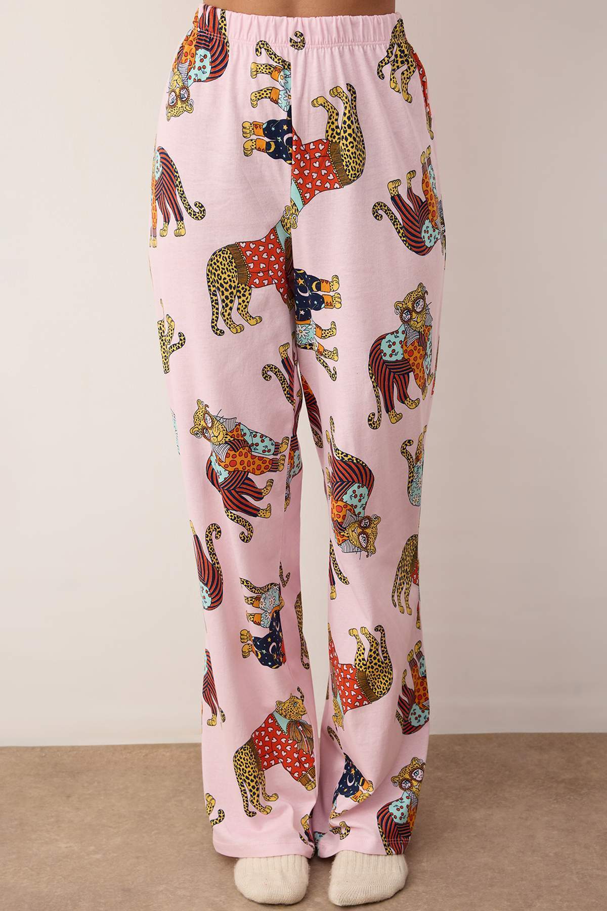 Pembe %100 Pamuklu Kaplan Baskılı Örme Pijama Takımı THMAW26PT00202