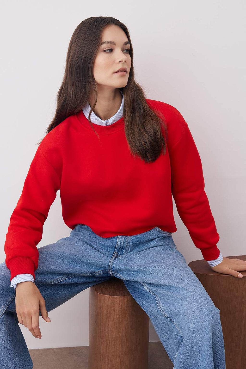 Trendyolmilla Siyah Kalın İçi Polarlı Bisiklet Yaka Crop Örme Sweatshirt TWOAW26SW00093