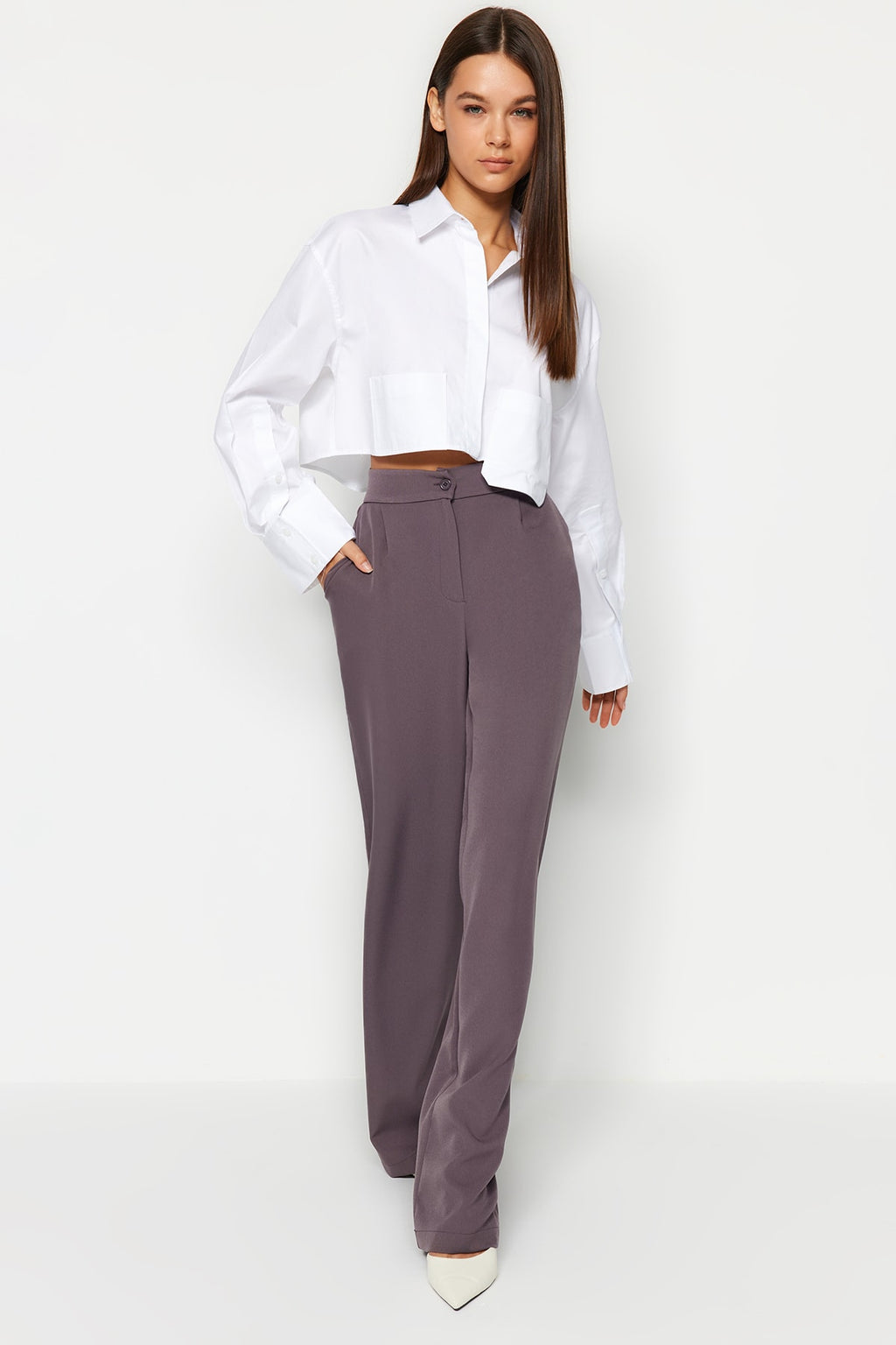 Trendyolmilla Antrasit Wide Leg/Geniş Paça Dokuma Kumaş Pantolon TWOAW22PL0139