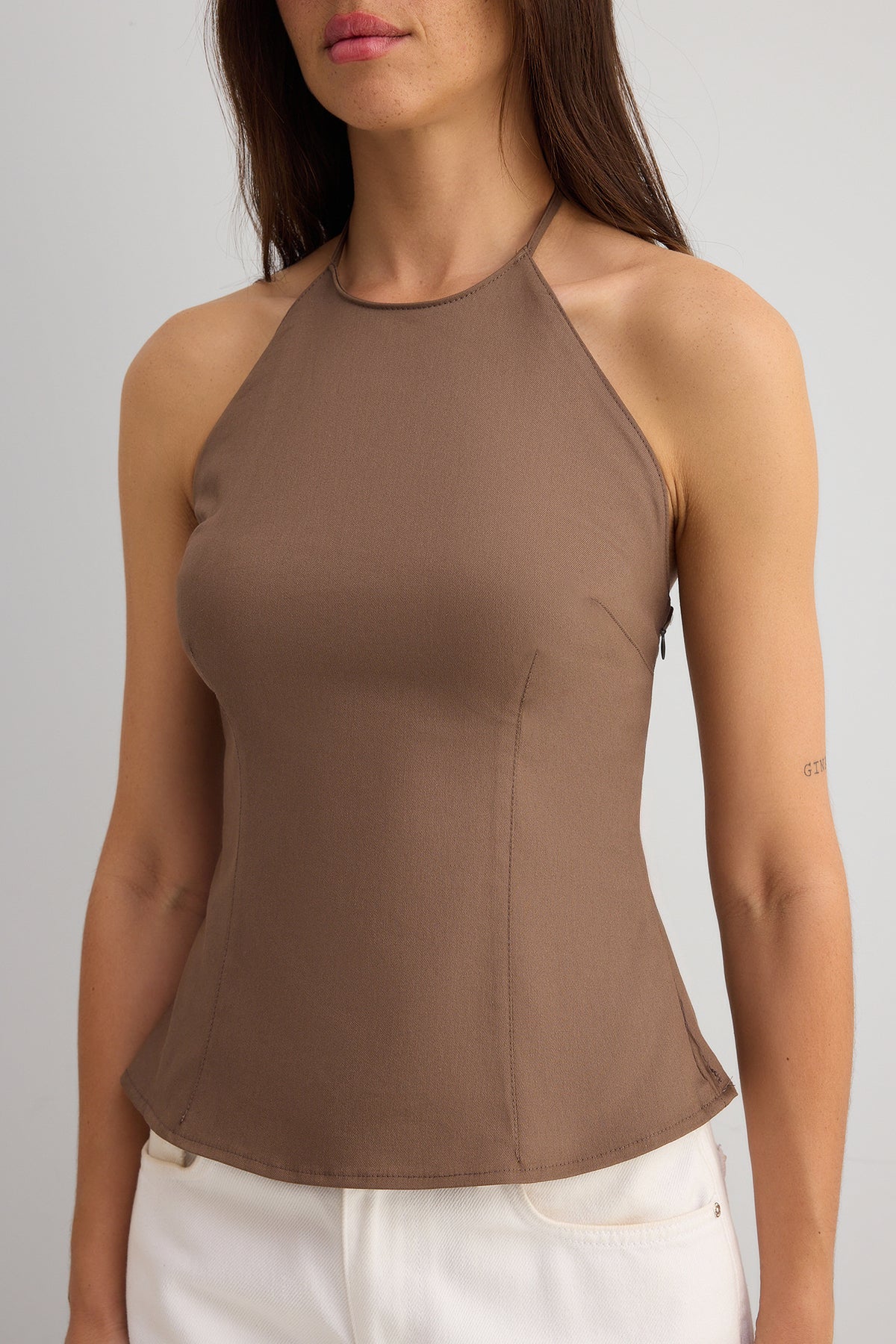 light brown cotton thin gabardine halter neck woven blouse