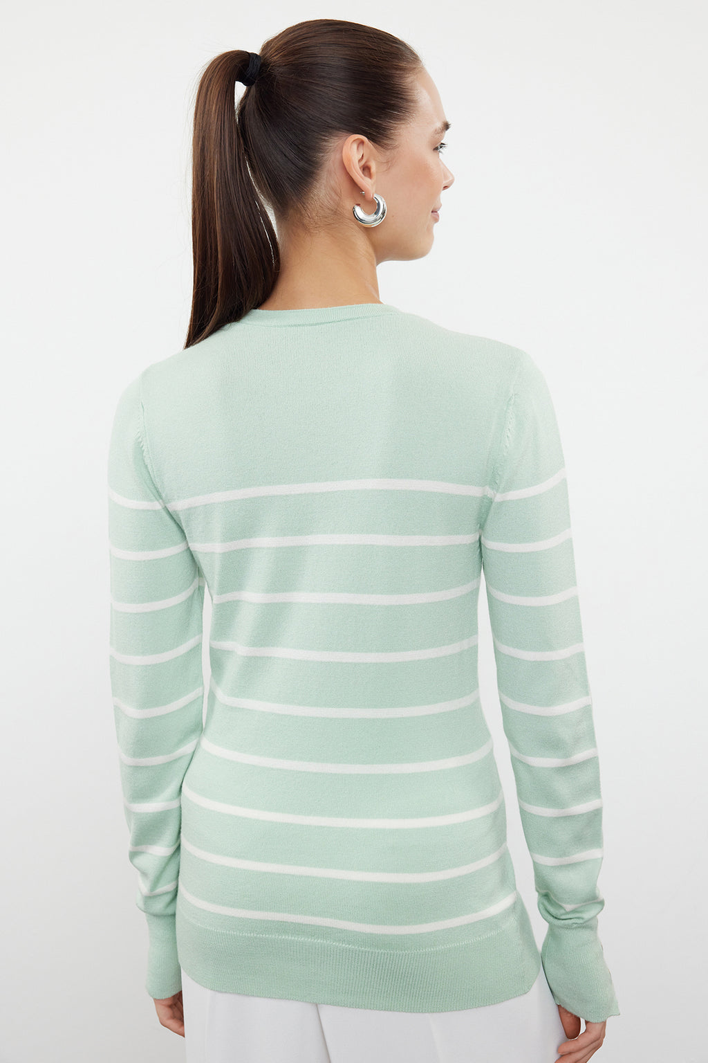 Trendyolmilla Mint Merserize Görünümlü Premium İplik / Özel İplik Çizgili Triko Kazak TWOAW23KZ01693
