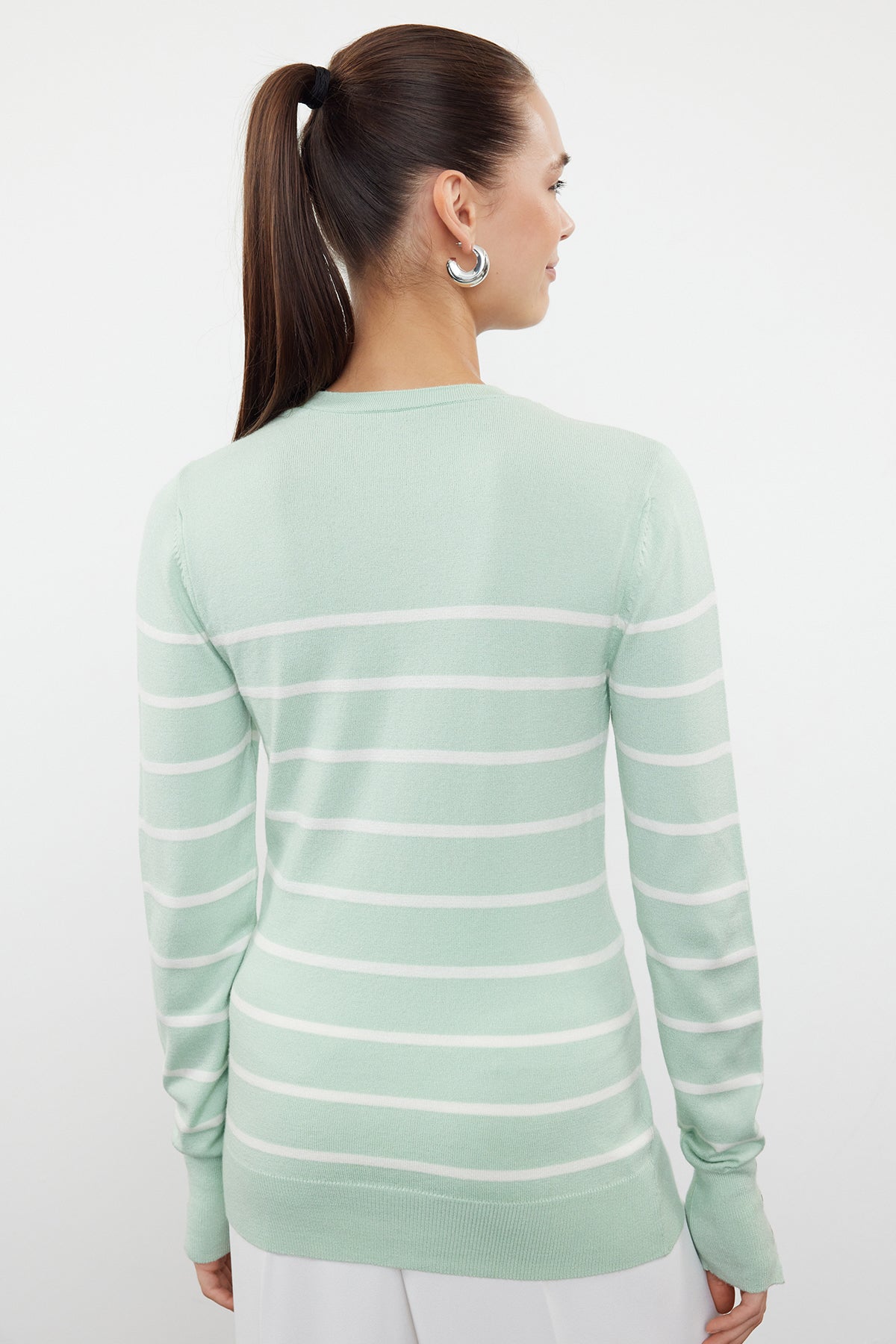 Trendyolmilla Mint Merserize Görünümlü Premium İplik / Özel İplik Çizgili Triko Kazak TWOAW23KZ01693