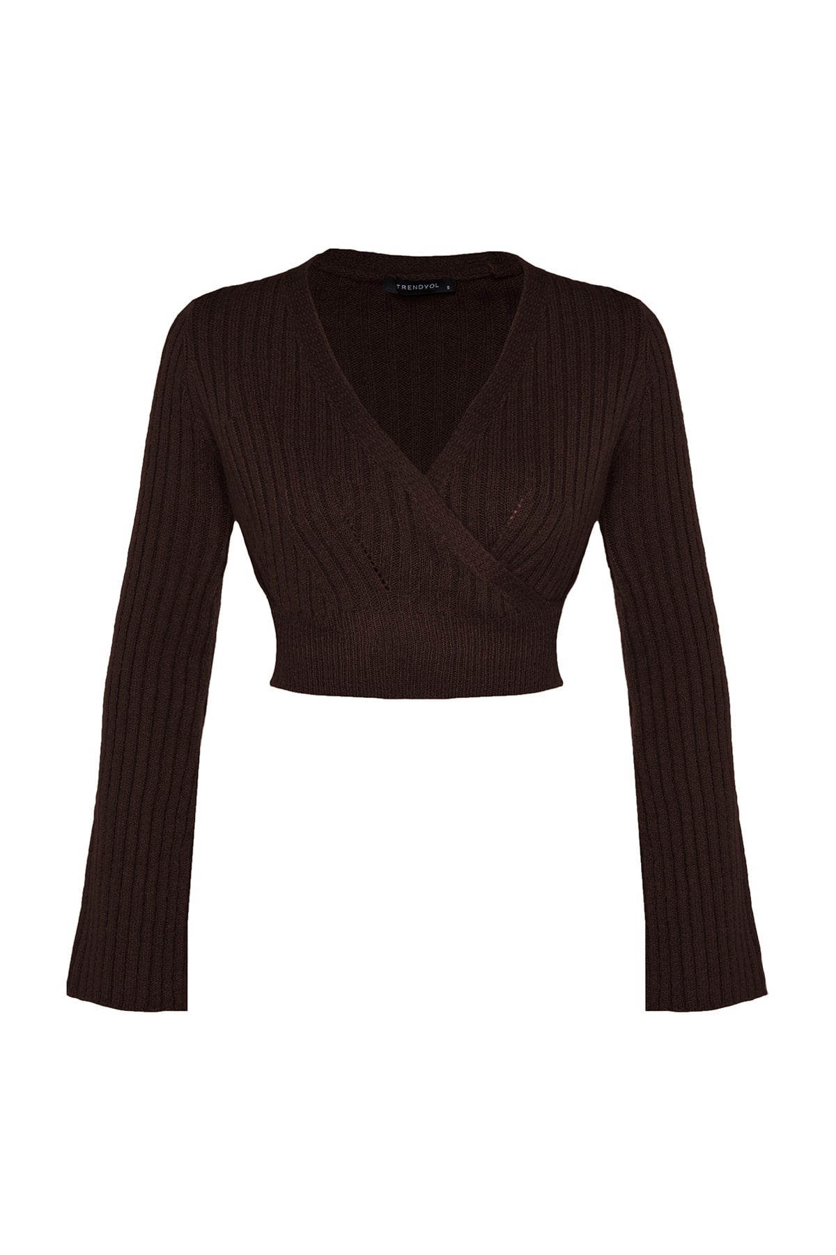 Trendyolmilla Kahverengi Crop Yumuşak Dokulu Kruvaze Triko Kazak TWOAW24KZ00381