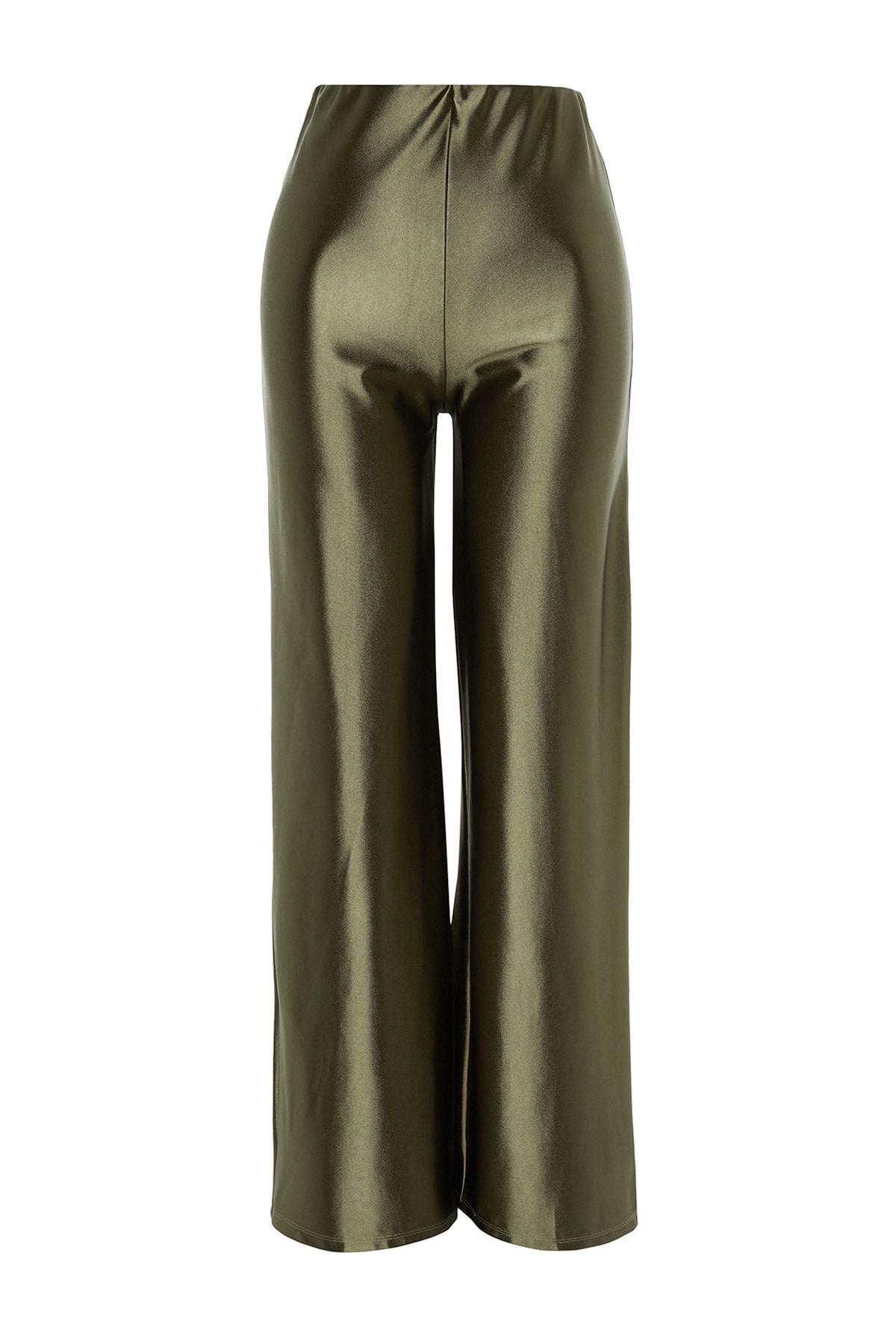 Haki Premium Saten Wideleg/Geniş Paça Örme Pantolon TWOAW24PL00064