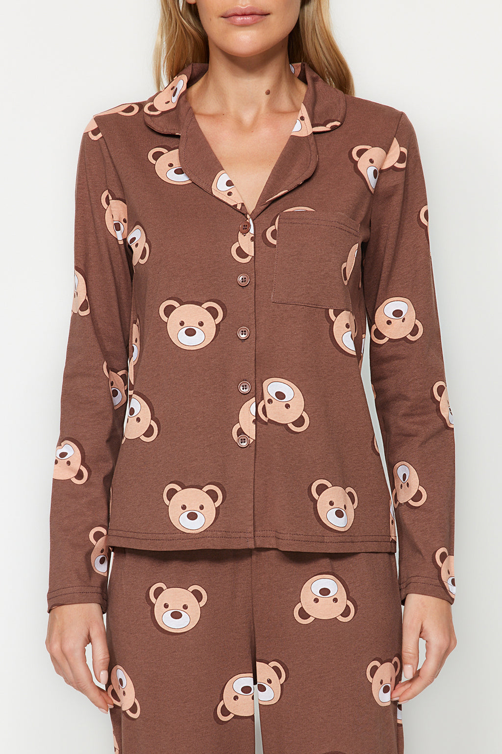 Trendyolmilla Koyu Yeşil %100 Pamuklu Tavşan Desenli Gömlek-Pantolon Örme Pijama Takımı THMAW24PT00002