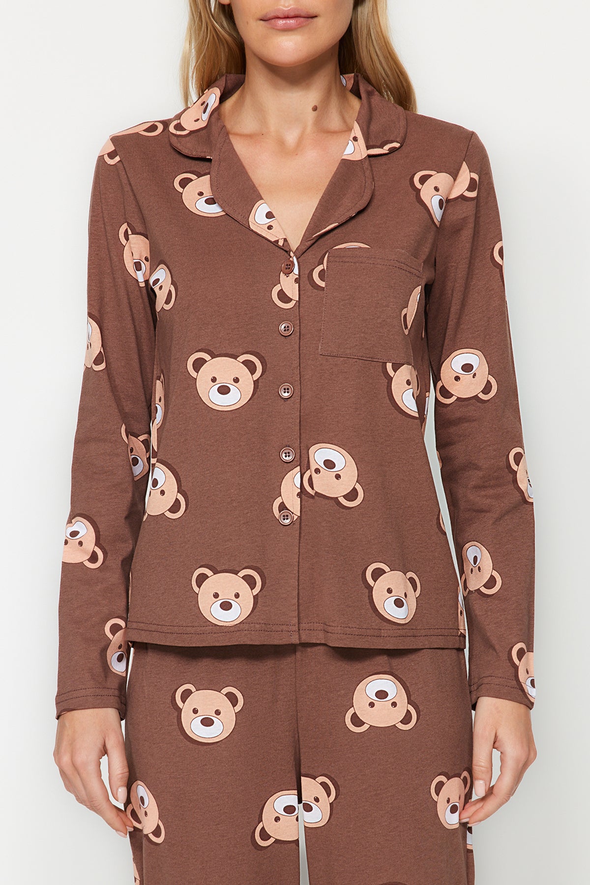 Trendyolmilla Koyu Yeşil %100 Pamuklu Tavşan Desenli Gömlek-Pantolon Örme Pijama Takımı THMAW24PT00002