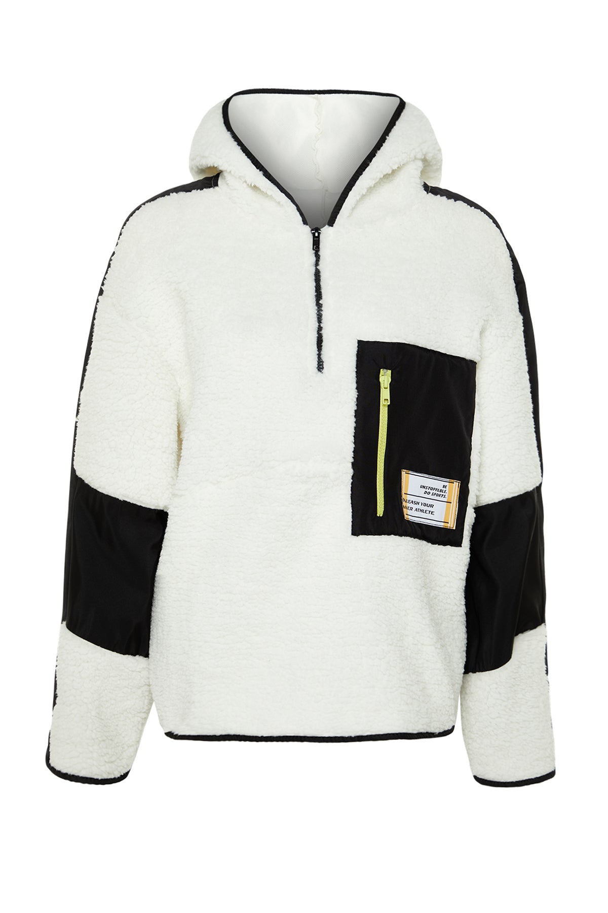 Ekru Renk Bloklu Paraşüt Kumaş Detaylı Peluş Geniş Kalıp Örme Spor Sweatshirt THMAW24SW00009