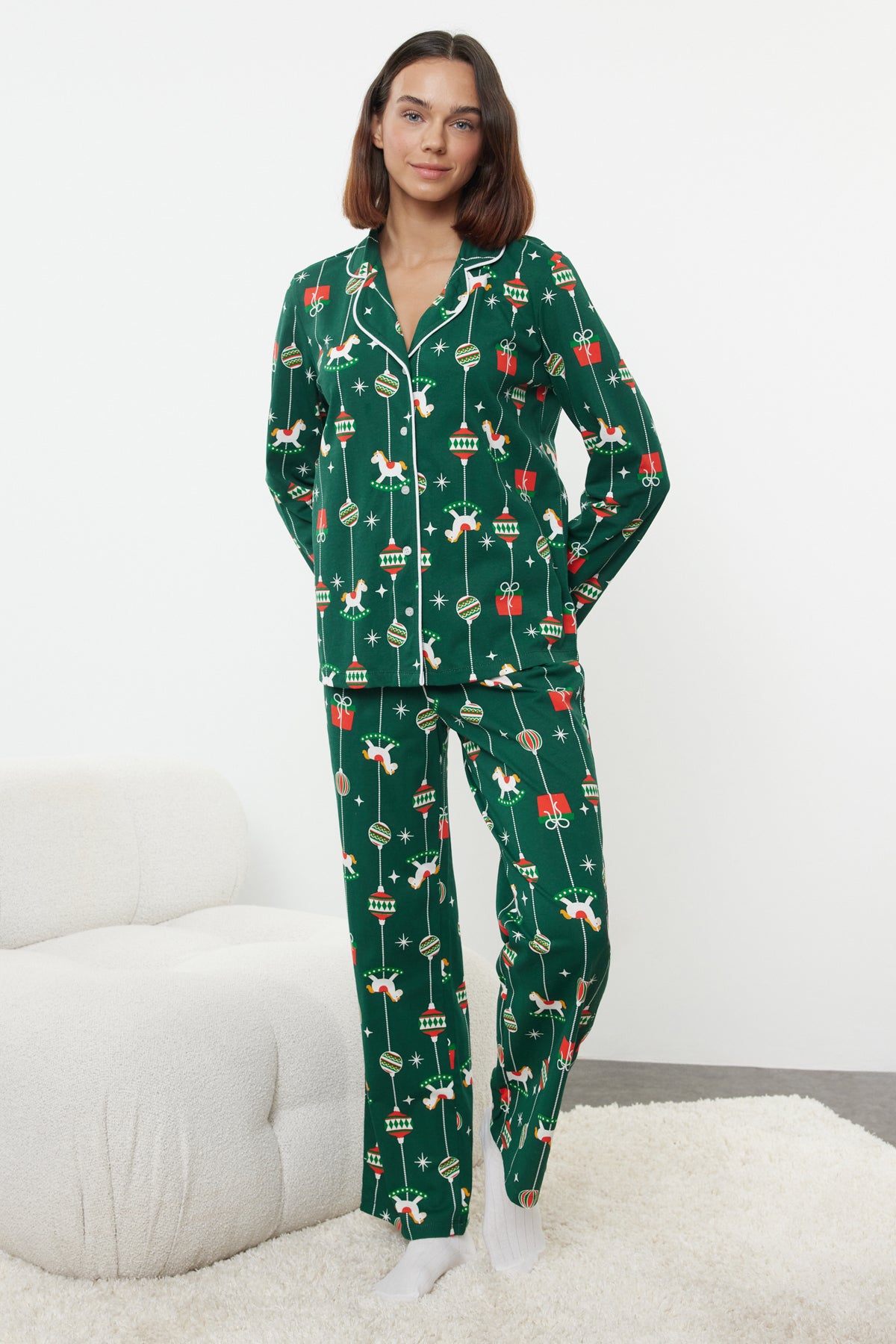 Yeşil %100 Pamuklu Yılbaşı Temalı Örme Pijama Takımı THMAW25PT00172 Secondary image