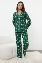 Yeşil %100 Pamuklu Yılbaşı Temalı Örme Pijama Takımı THMAW25PT00172