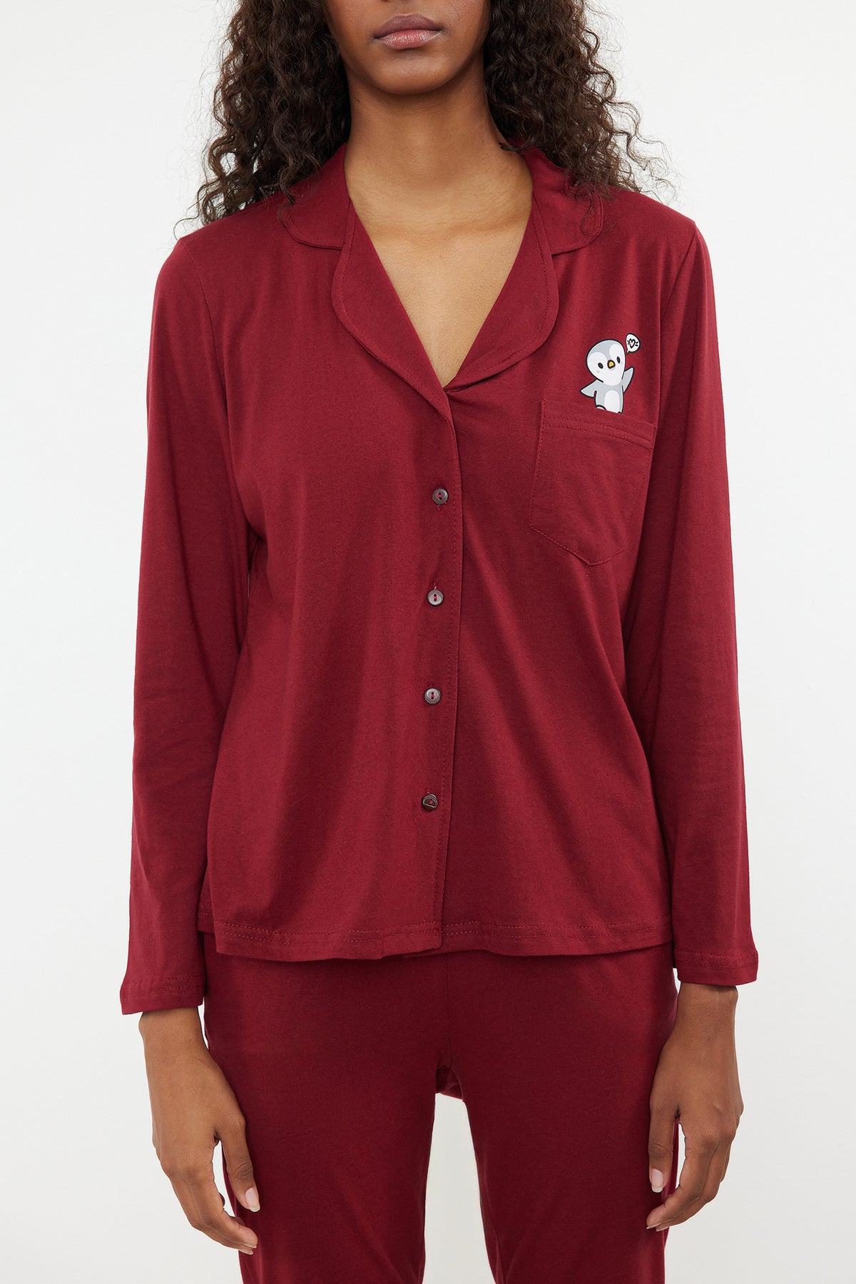 Trendyolmilla Bordo %100 Pamuklu Penguen Baskılı Örme Pijama Takımı THMAW23PT00151
