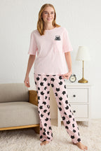 Pembe %100 Pamuklu Kedi Desenli Örme Pijama Takımı THMSS25PT00161