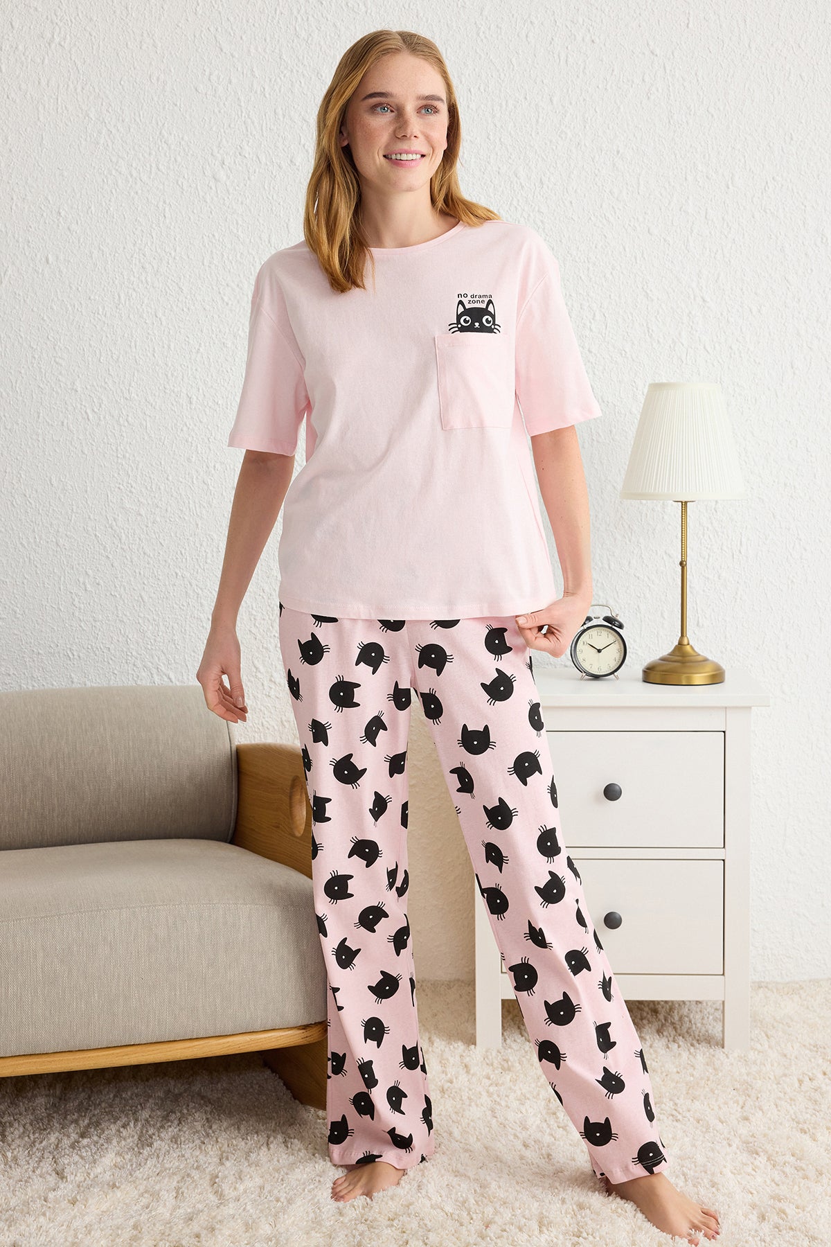 Pembe %100 Pamuklu Kedi Desenli Örme Pijama Takımı THMSS25PT00161