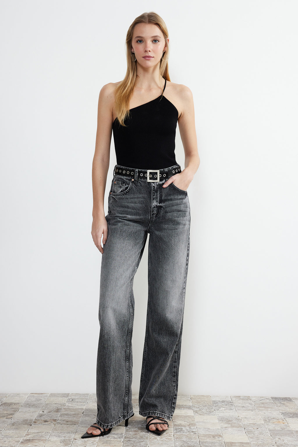 Gri More Sustainable Soluk Efekt Vintage Yüksek Bel Wide Leg Jeans TWOSS24JE00018
