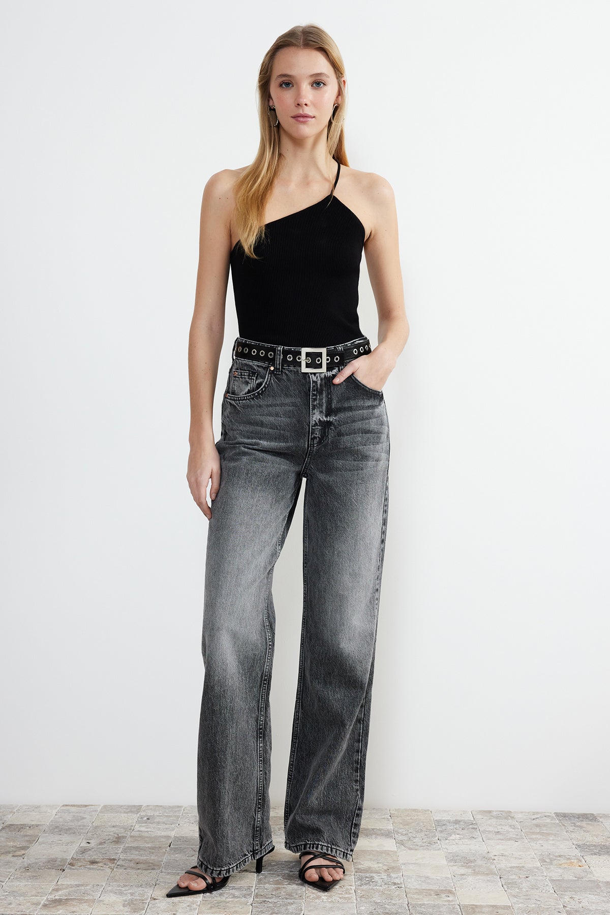 Gri More Sustainable Soluk Efekt Vintage Yüksek Bel Wide Leg Jeans TWOSS24JE00018