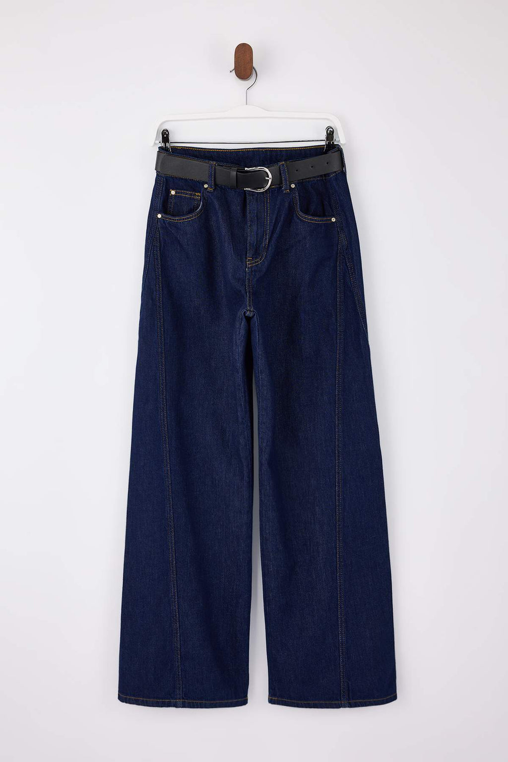 Koyu Mavi DÖKÜMLÜ Kemerli %100 Pamuk Yüksek Bel Wide Leg Jeans TWOSS26JE00076