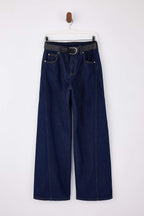 Koyu Mavi DÖKÜMLÜ Kemerli %100 Pamuk Yüksek Bel Wide Leg Jeans TWOSS26JE00076