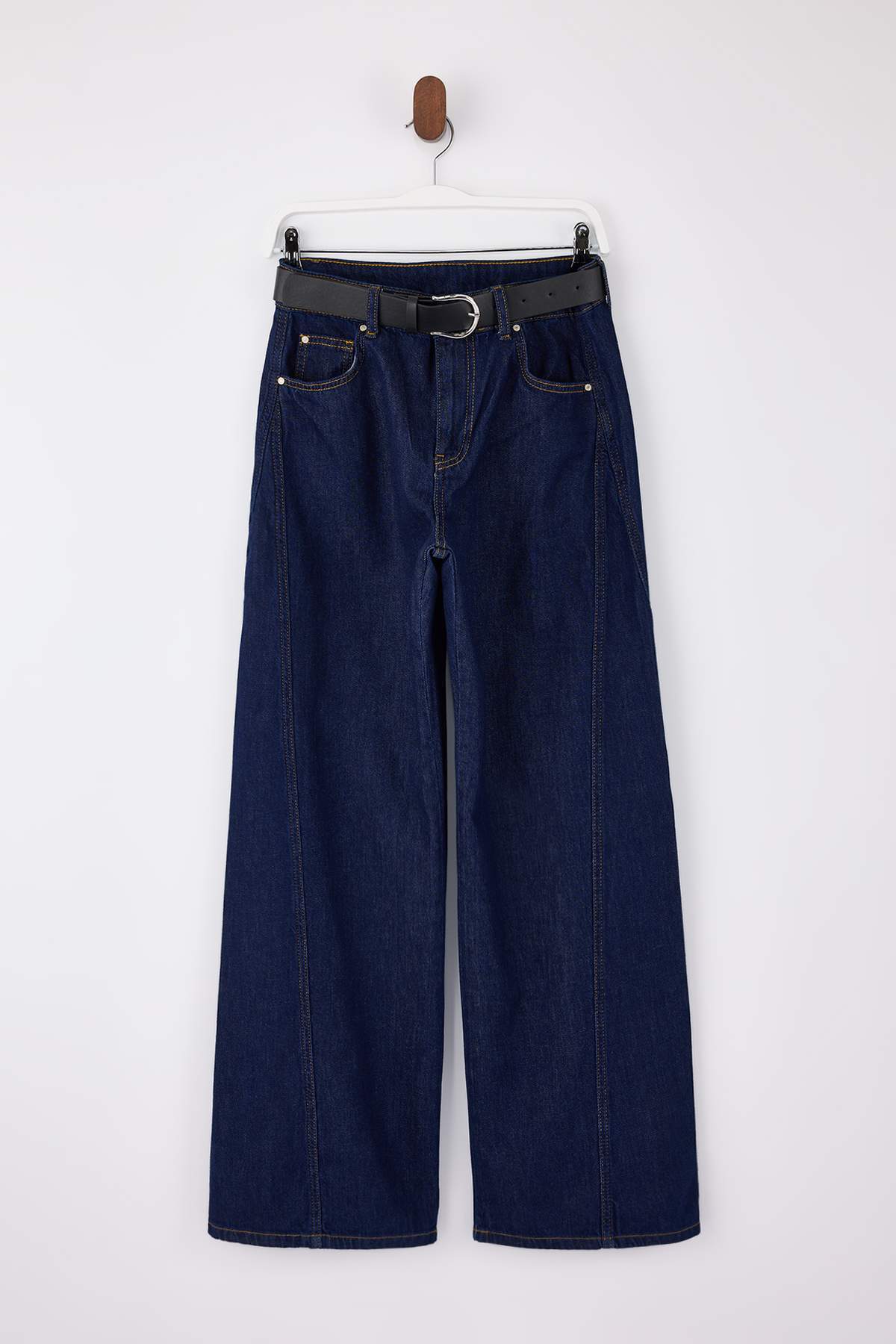 Koyu Mavi DÖKÜMLÜ Kemerli %100 Pamuk Yüksek Bel Wide Leg Jeans TWOSS26JE00076