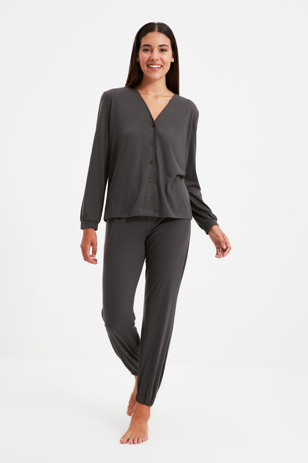 Antrasit %100 Pamuklu Gömlek-Jogger Örme Pijama Takımı THMAW21PT0632