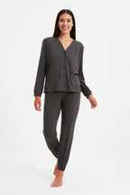 Antrasit %100 Pamuklu Gömlek-Jogger Örme Pijama Takımı THMAW21PT0632