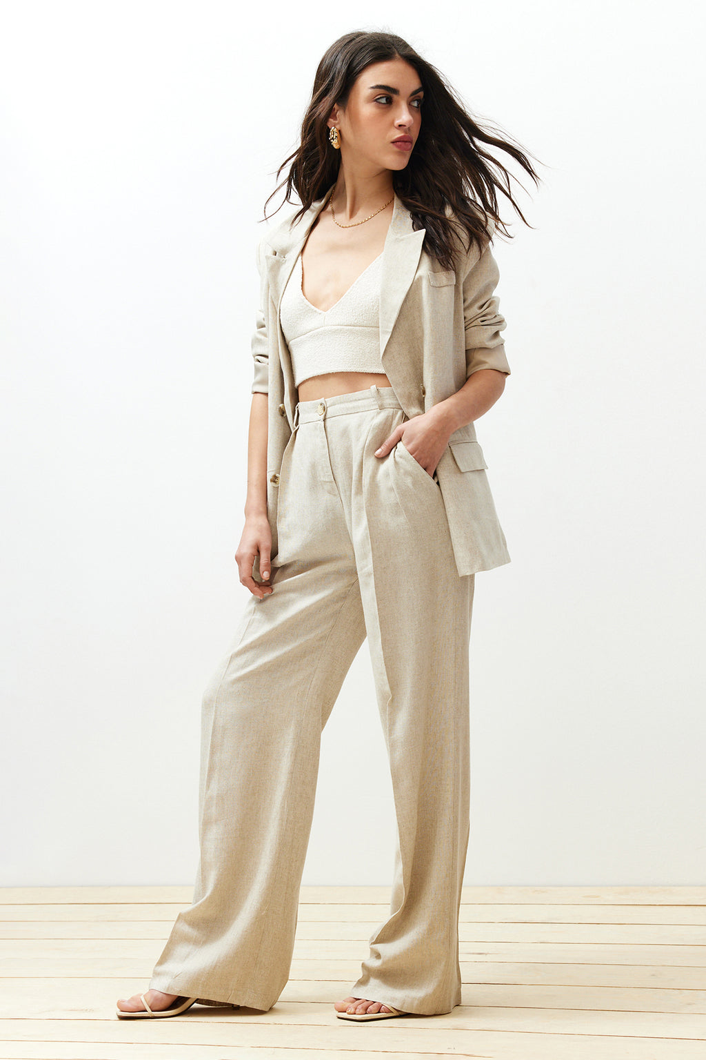 Bej Nervürlü Wide Leg/Geniş Paça Pamuk Keten Dokuma Pantolon TWOSS24PL00062