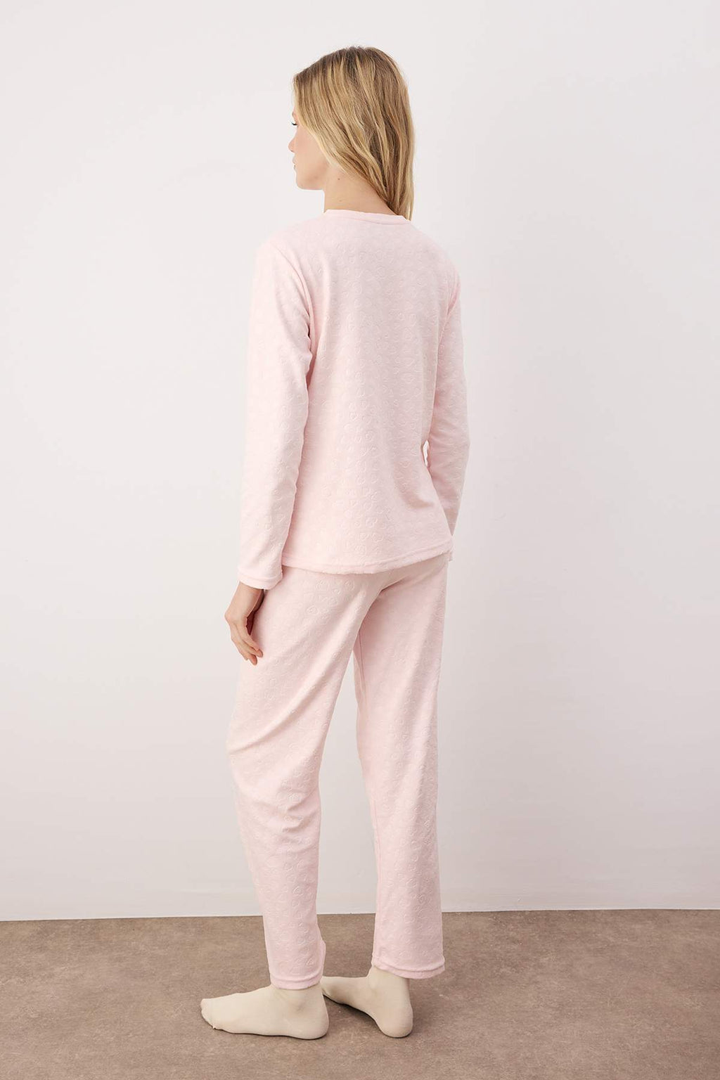 Pudra Kalp Desenli Fırfırlı ve Cepli Örme Pijama Takımı THMAW26PT00205