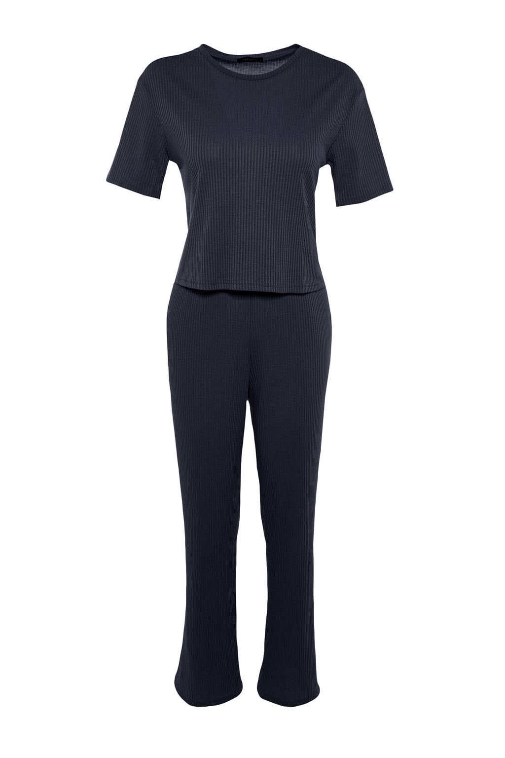 Lacivert Slogan Baskılı Lastik Detaylı Fitilli T-shirt-Pantolon Örme Pijama THMSS21PT1016