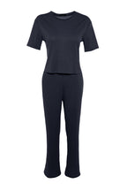 Lacivert Slogan Baskılı Lastik Detaylı Fitilli T-shirt-Pantolon Örme Pijama THMSS21PT1016
