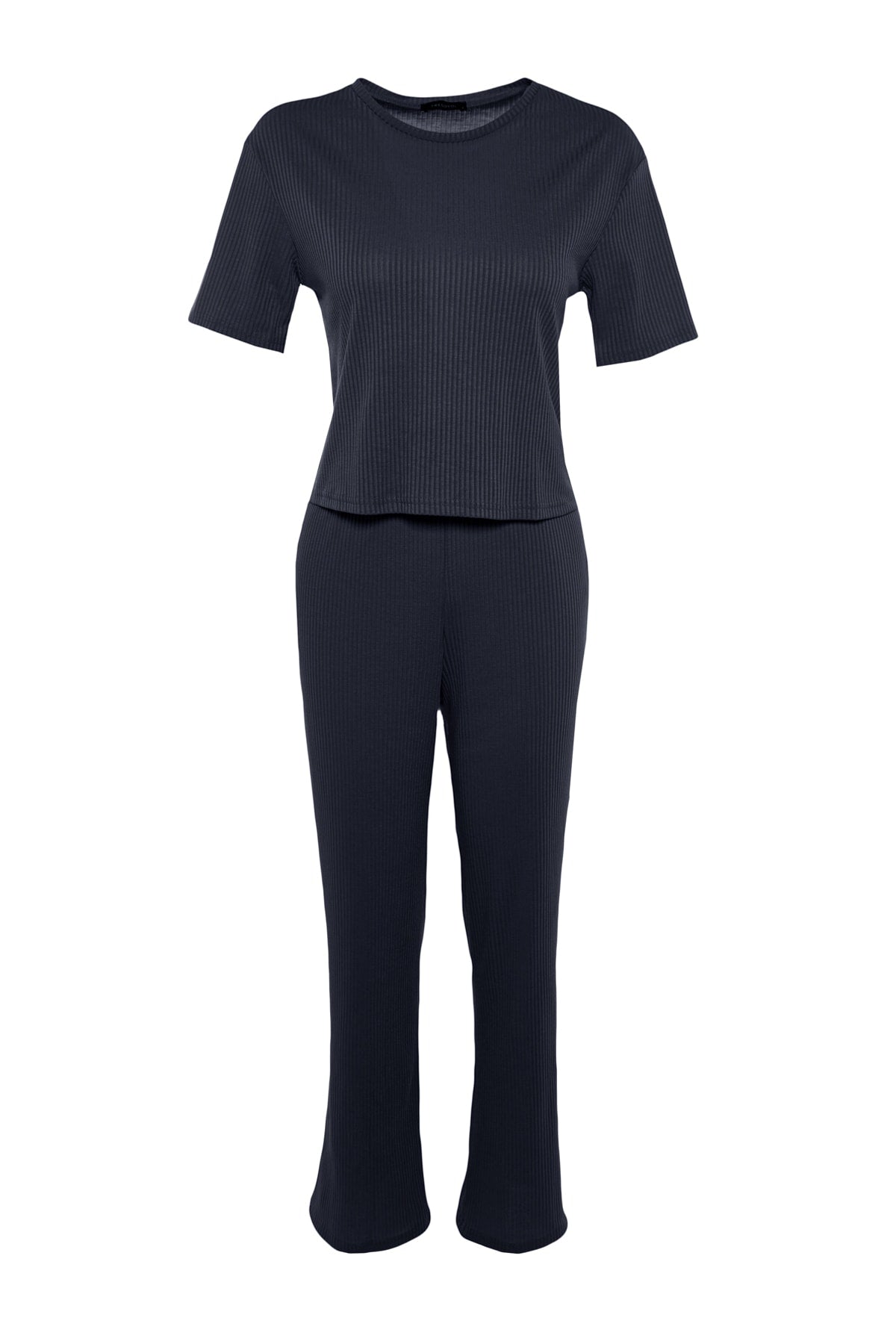 Lacivert Slogan Baskılı Lastik Detaylı Fitilli T-shirt-Pantolon Örme Pijama THMSS21PT1016