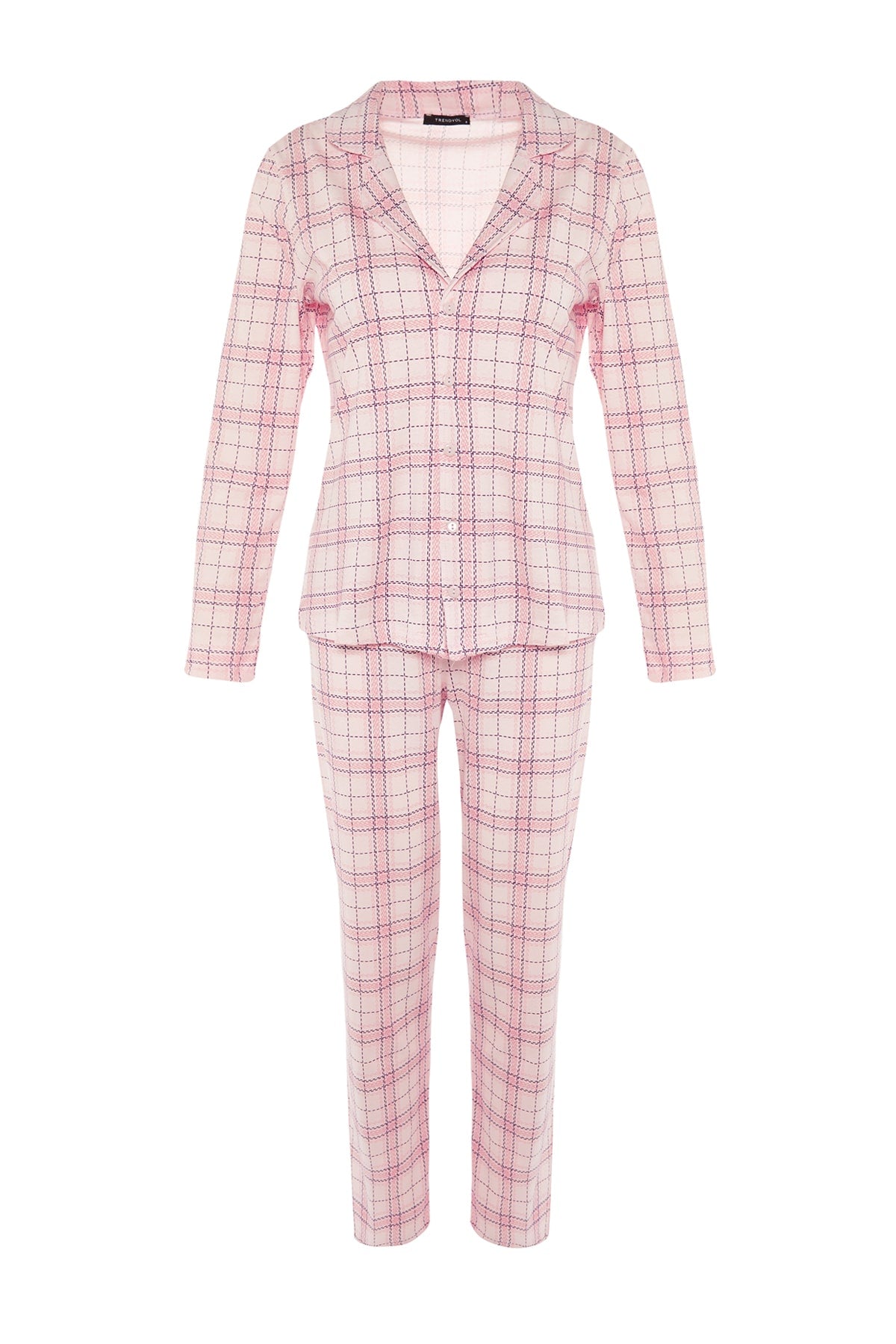 Trendyolmilla Bej %100 Pamuklu Ekoseli Örme Pijama Takımı THMAW20PT0266