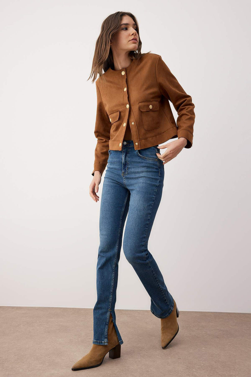 Koyu Mavi Yırtmaçlı Yüksek Bel Bootcut Comfort/Esnek Jeans TWOSS22JE0643