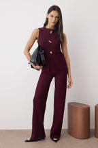 Trendyolmilla Siyah Ottoman Düğme Aksesuarlı Sıfır Kol Üst Regular Pantolon Örme Alt - Üst Takım TWOAW26AU00083