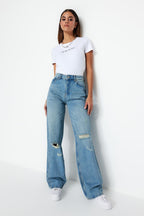 Mavi Soluk Ekfekt Vintage Yırtık Detaylı Düşük Bel Wide Leg Jeans TWOSS23JE00102